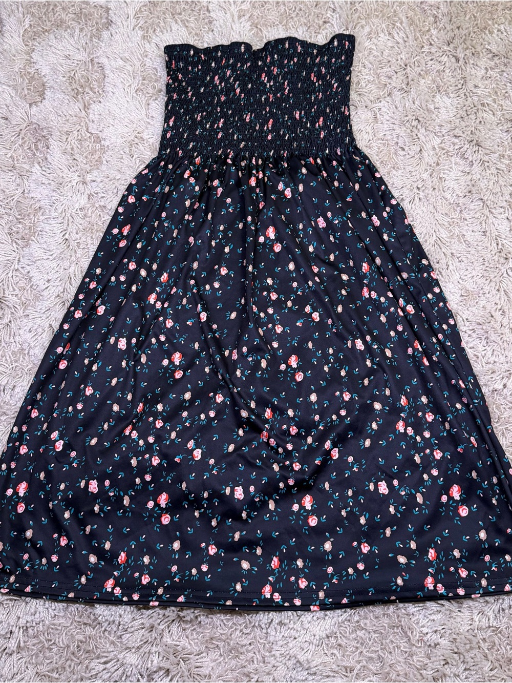 Black Floral Smocked Strapless Maxi Dress 2XL Cottagecore Boho Tube Dress